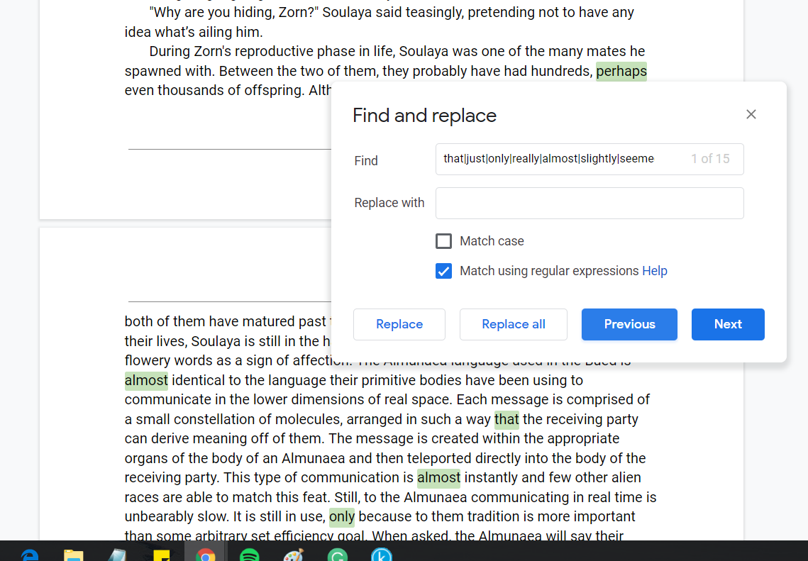 Finding filler words using a regular expression in Google Doc's find and replace function.