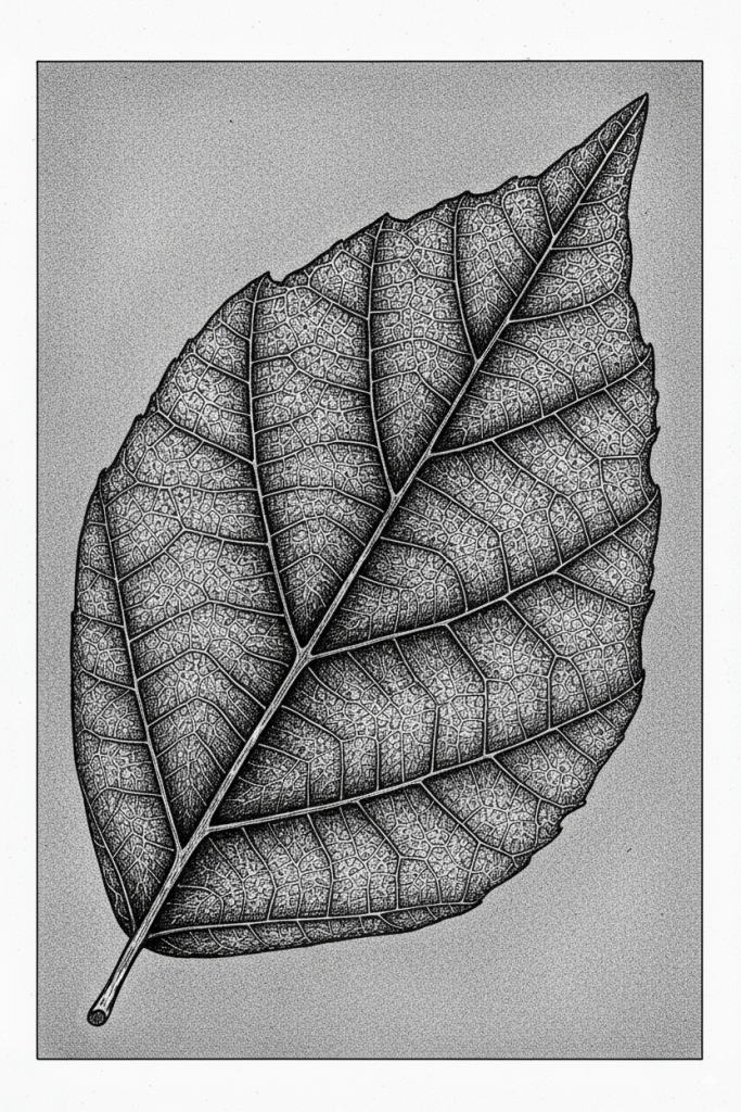 Detailed black and white illustration of a single leaf showing intricate vein patterns and cellular structure, representing the complex layers of mature love and relationship growth explored in the poem 'We Never Knew' by Khadim Zaman