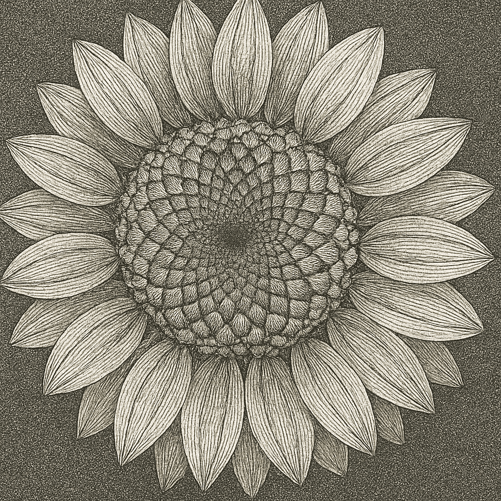 A finely detailed black-and-white engraving of a sunflower seen from above, rendered in delicate cross-hatching and stippling lines. The petals radiate in perfect symmetry around a dense, spiral center, evoking both organic tenderness and mathematical precision. The flower appears suspended in stillness, its etched texture suggesting fragility and memory — as if something once whole is now only the trace of what was us.