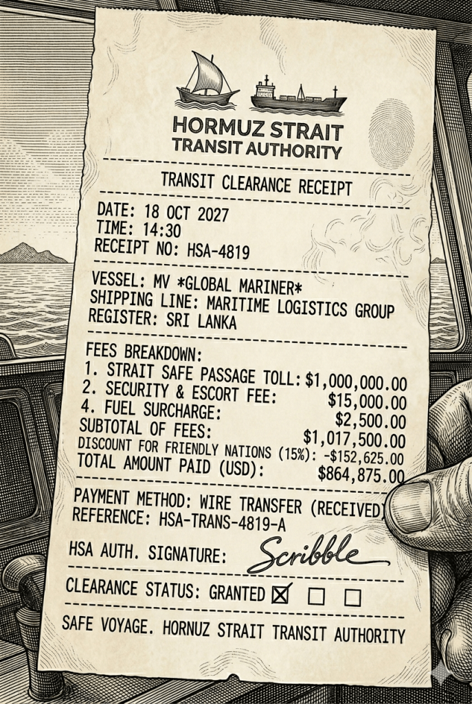 Hormuz Strait Transit Authority receipt dated 18 October 2027, showing a transit clearance granted to oil tanker MV Global Mariner registered in Sri Lanka, with an itemized toll of $864,875 after a 15% discount for friendly nations — illustrated in a vintage engraving style, symbolizing Iran's emerging role as gatekeeper of global oil supply.